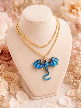 Gold Chain Necklace with Blue Dragon Pendant